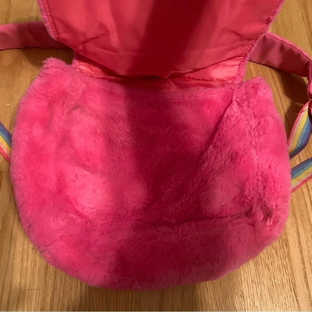 Disney Minnie Mouse Furry Fuzzy Book Bag Back Pack Rainbow Strap Kids
